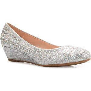 Women's Close Round Toe Low Wedge Glitter Rhinestone Comfort